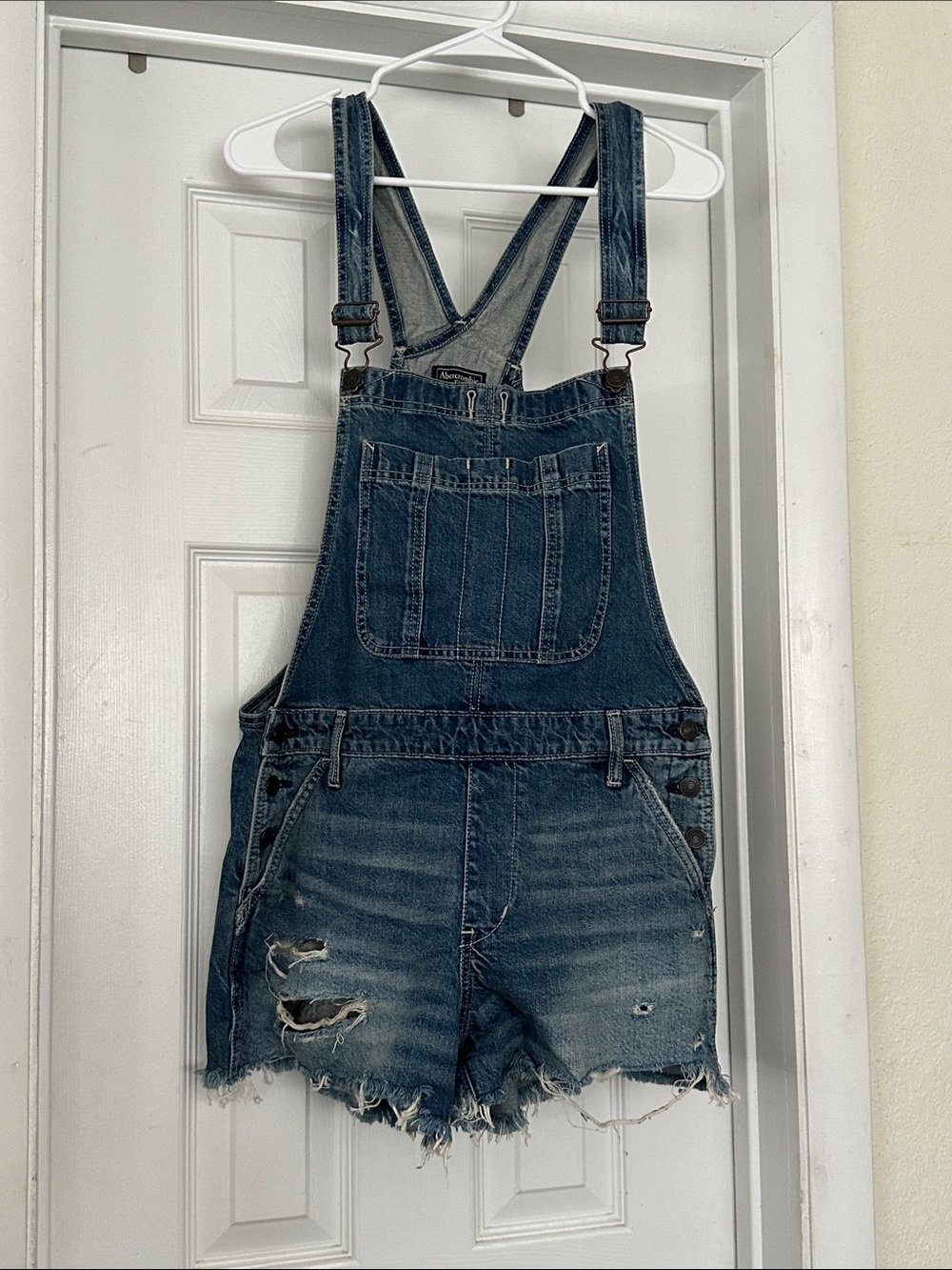 Abercrombie & Fitch Distressed Blue Denim Short Overalls